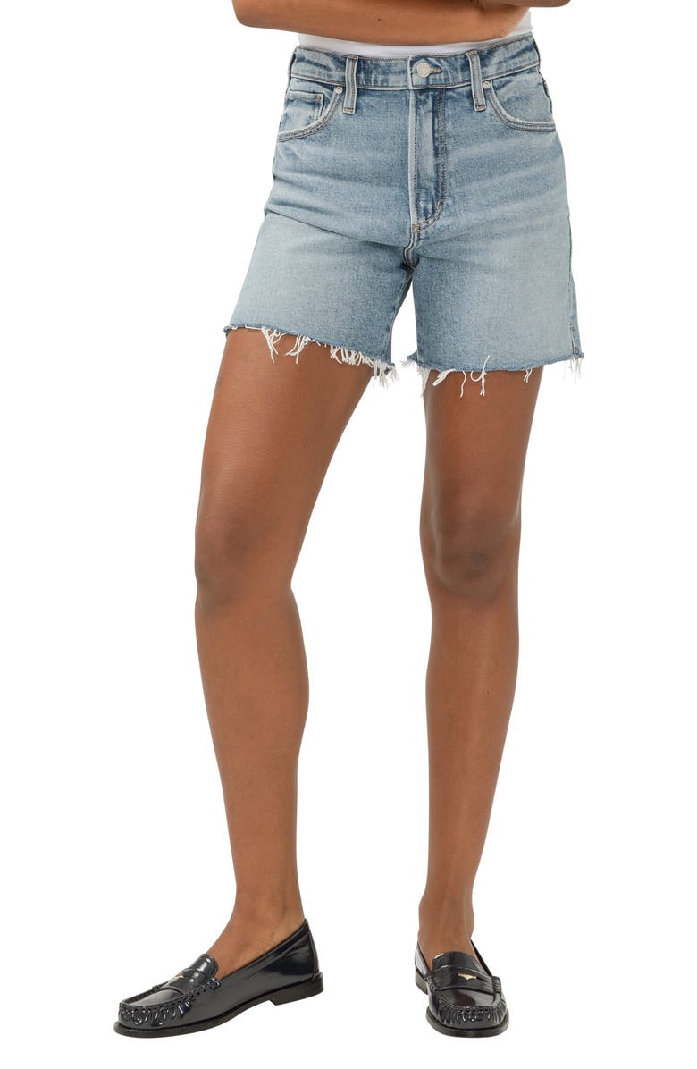 Silver Jeans Co. Highly Desirable Raw Hem High Waist Long Denim Shorts, Main, color, Indigo