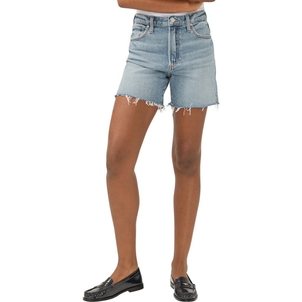 Shop Silver Jeans Co. Highly Desirable Raw Hem High Waist Long Denim Shorts In Indigo