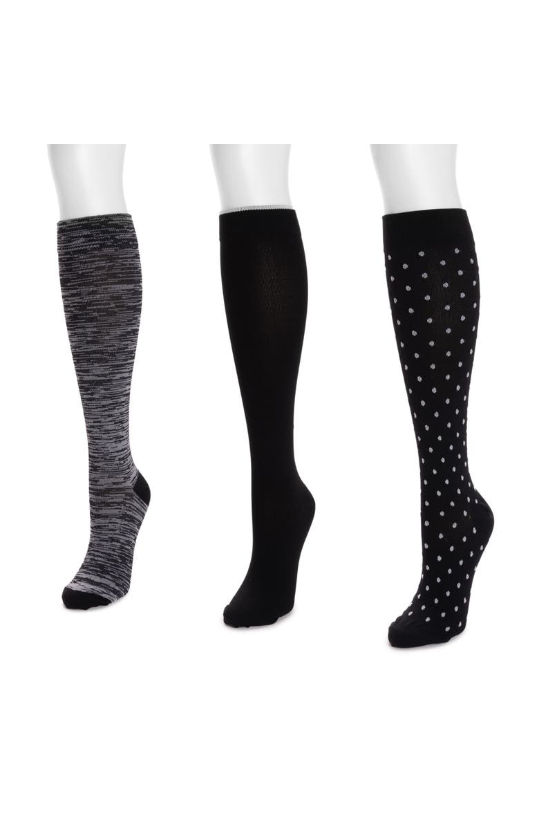 MUK LUKS Nylon Compression Knee-High Socks 3 Pair Pack Wide Size, Alternate, color, Black Multi