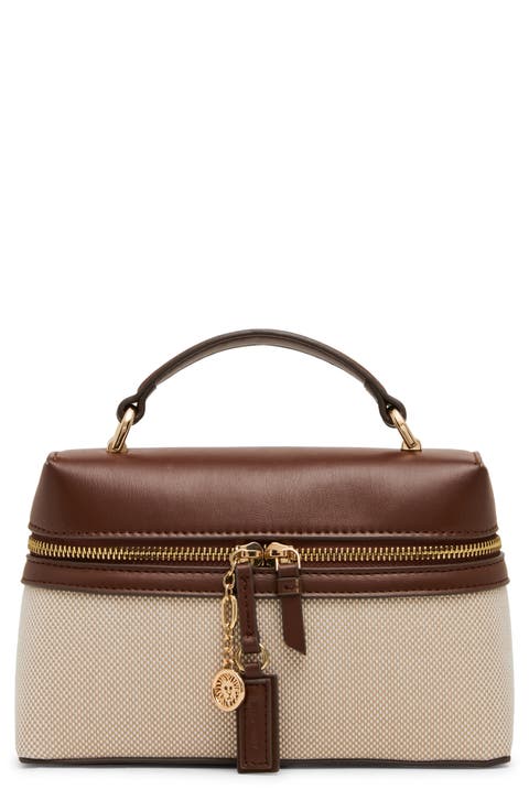 Faux Leather Trim Train Case Crossbody Bag