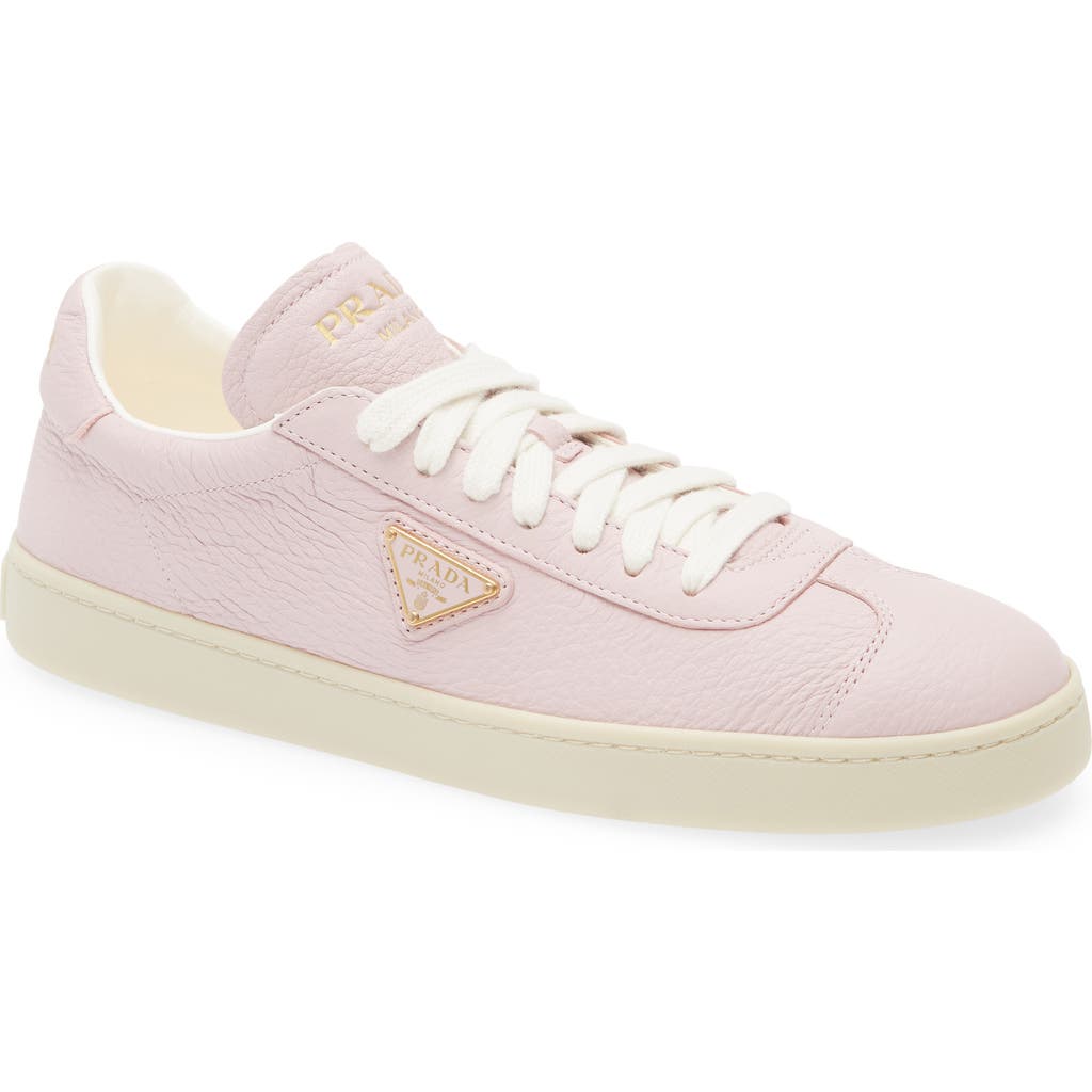 Shop Prada Lane Triangle Logo Deerskin Leather Sneaker In Alabastro