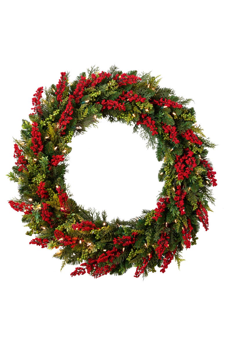 Balsam Hill Outdoor Pre Lit Berry Burst Wreath, Main, color, Led Clear