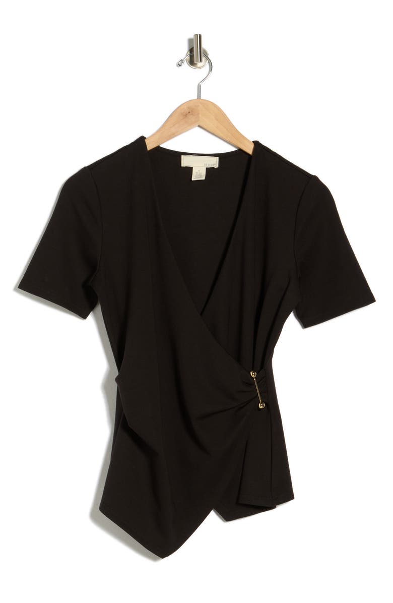 BY DESIGN Cappuccino Short Sleeve Faux Wrap Top, Alternate, color, Black