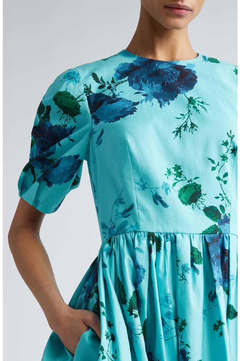 Dégradé Floral Puff Sleeve Cotton Dress, Alternate, color, KINGFISHER AND WHITE
