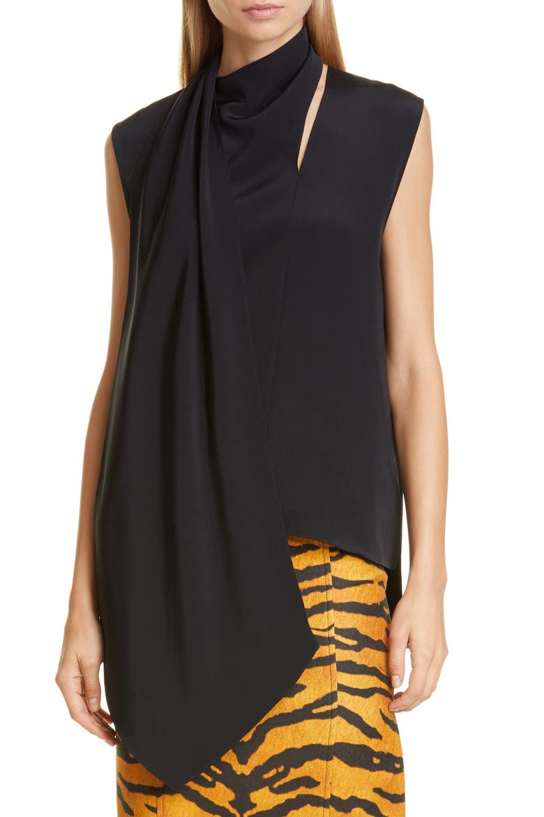 Scarf Neck Crepe Blouse, Main, color, BLACK