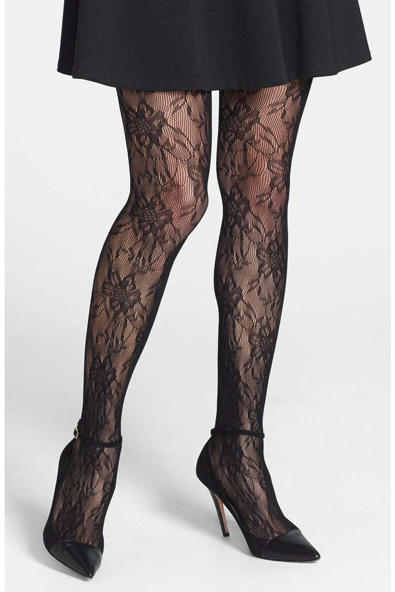 Floral Openwork Crochet Tights, Main, color, BLACK