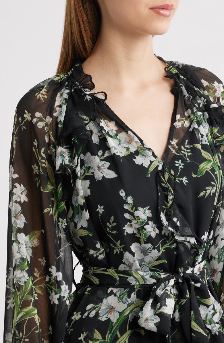Lipsy Floral Print Long Sleeve Chiffon Dress, Alternate, color, Black