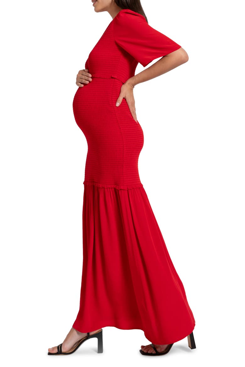 Smocked Maternity-to-Nursing Maxi Dress, Alternate, color, CORAL