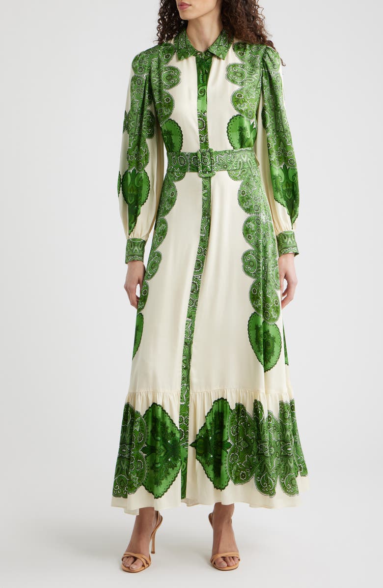 Elie Tahari The Harley Regent Placed Paisley Long Sleeve Stretch Silk Maxi Shirtdress, Main, color, Regent Paisley Print