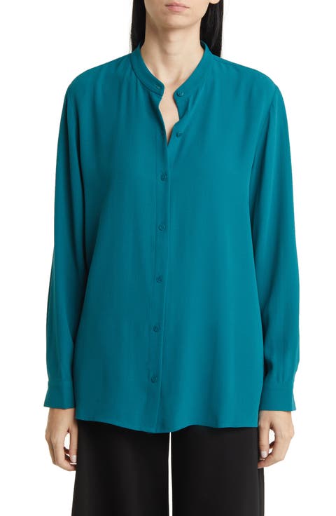 Mandarin Collar Silk Button-Up Shirt
