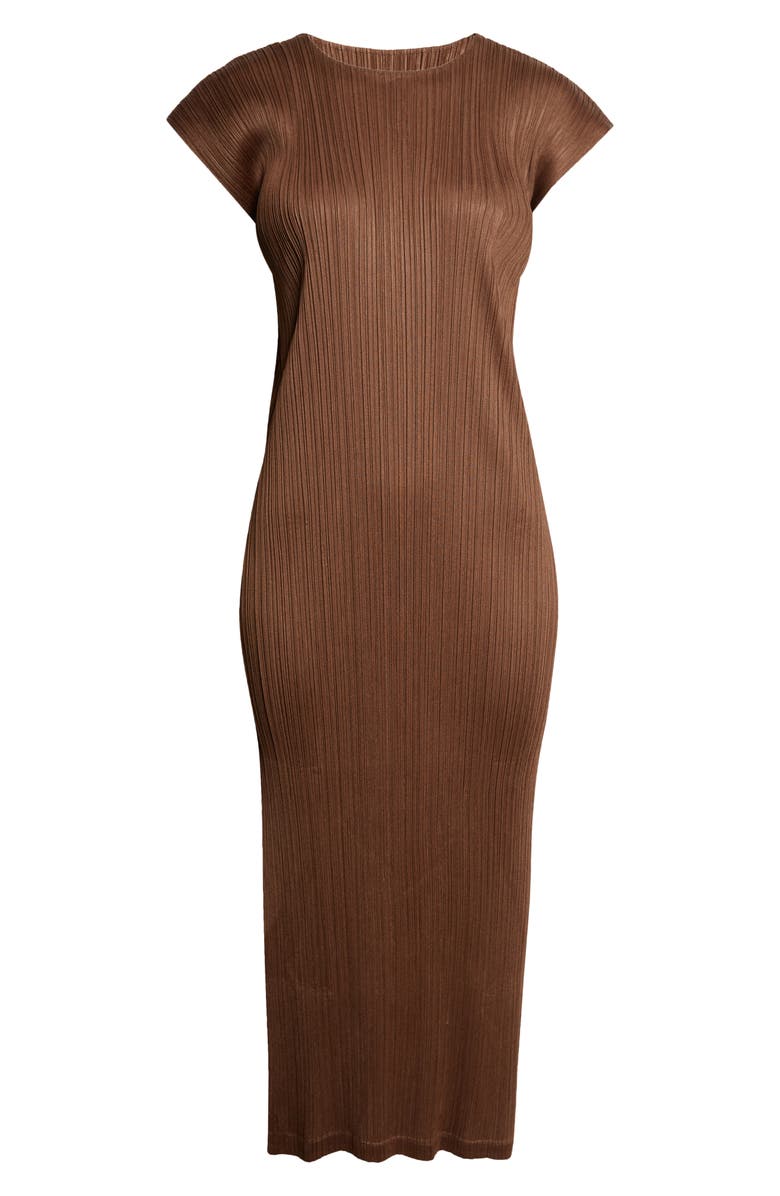 Pleats Please Issey Miyake Swing Solid Pleated Midi Dress, Main, color, Brown