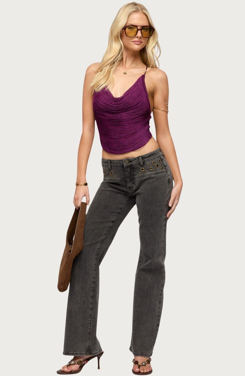 EDIKTED Elenie Fringe Cowl Neck Crossback Top, Alternate, color, Plum