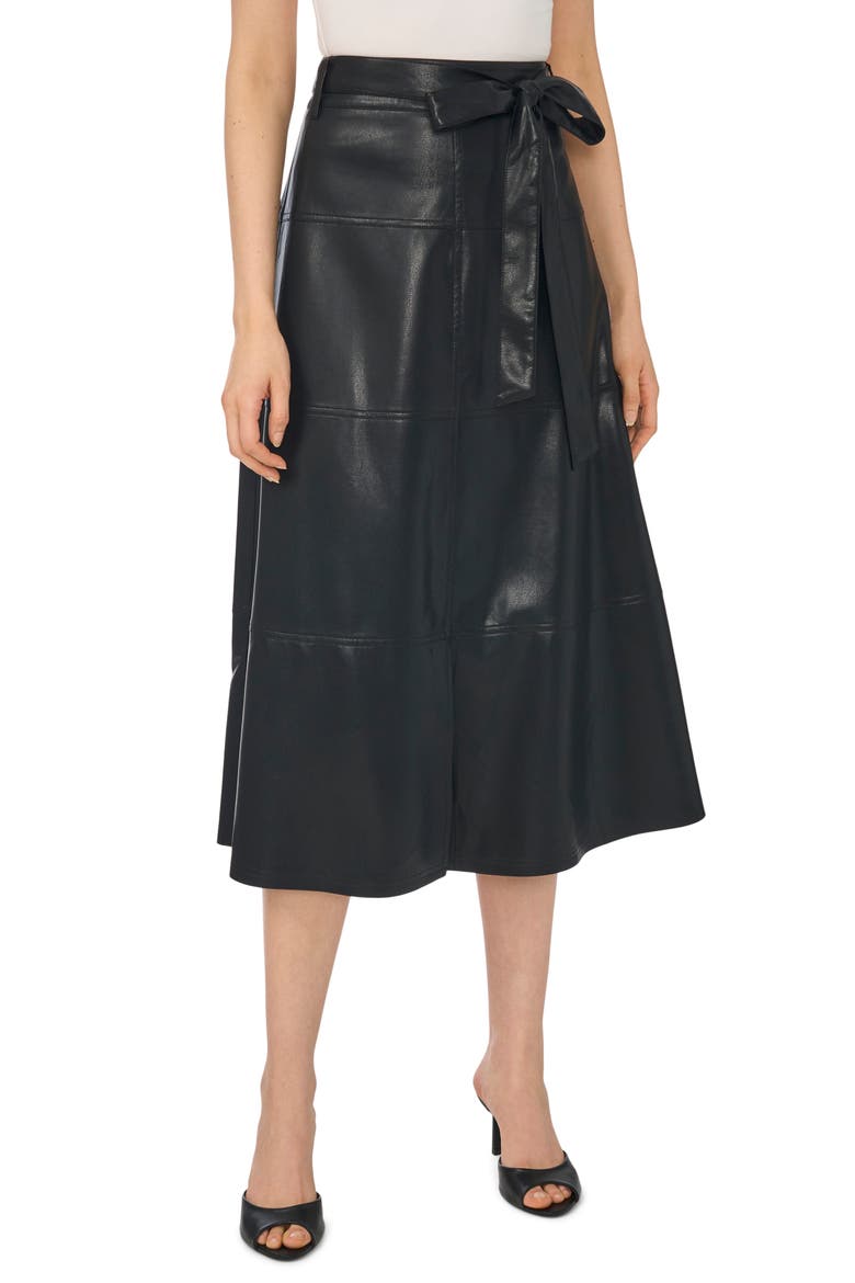 Tie Waist Faux Leather Midi Skirt, Main, color, RICH BLACK