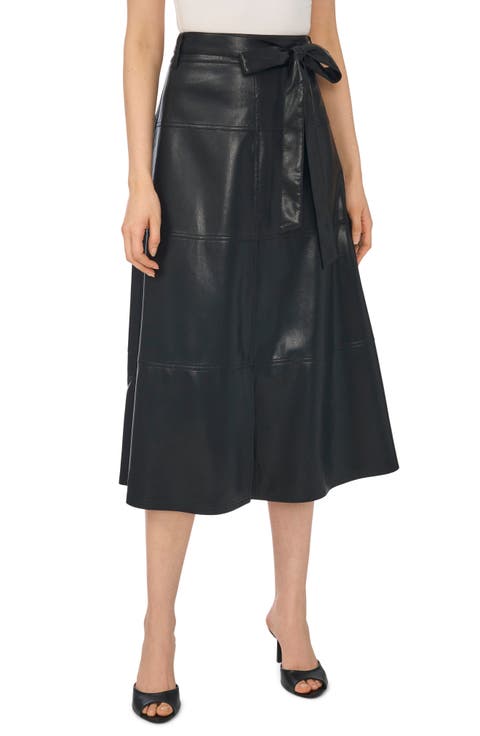 Tie Waist Faux Leather Midi Skirt