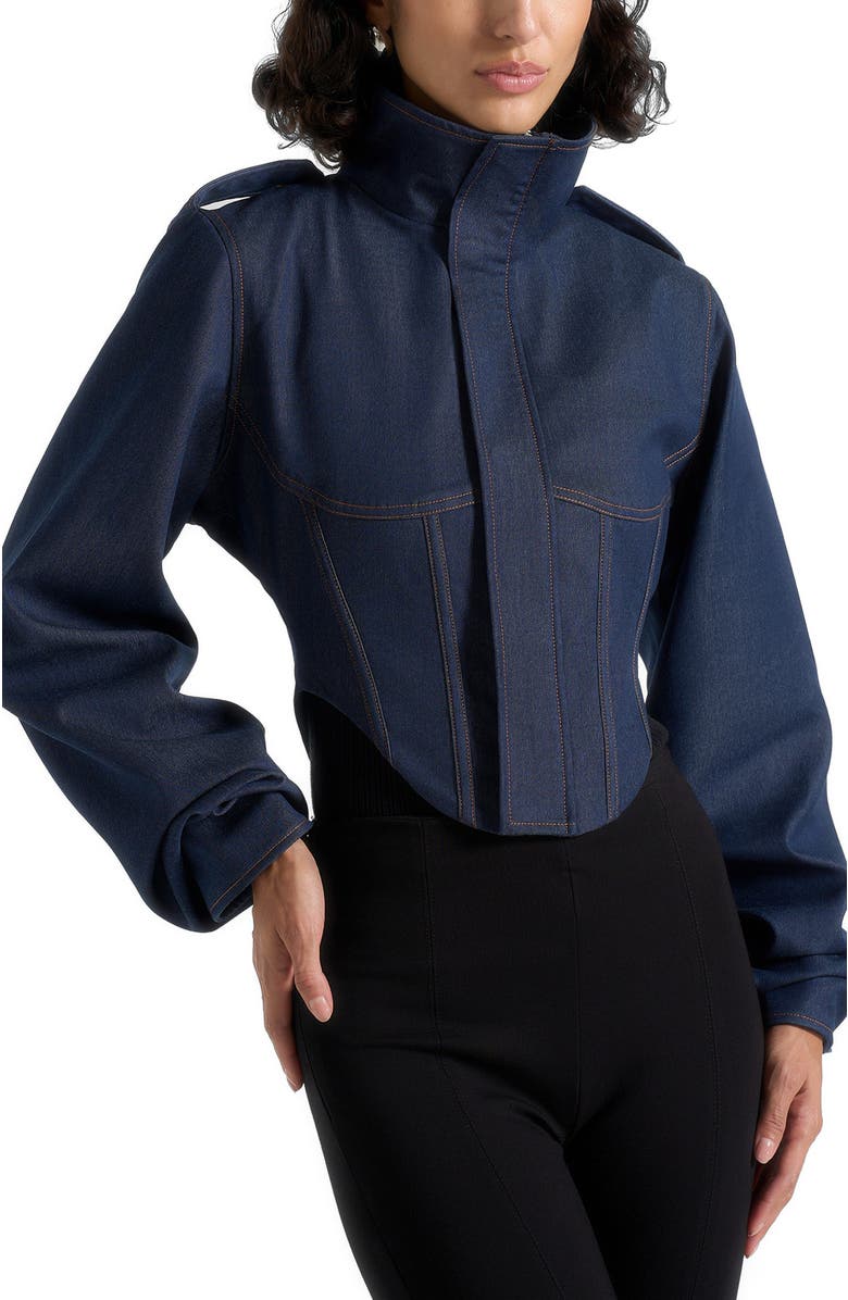 Manière De Voir Solange Denim Tacked Sleeve Corset Jacket, Main, color, Polished Indigo