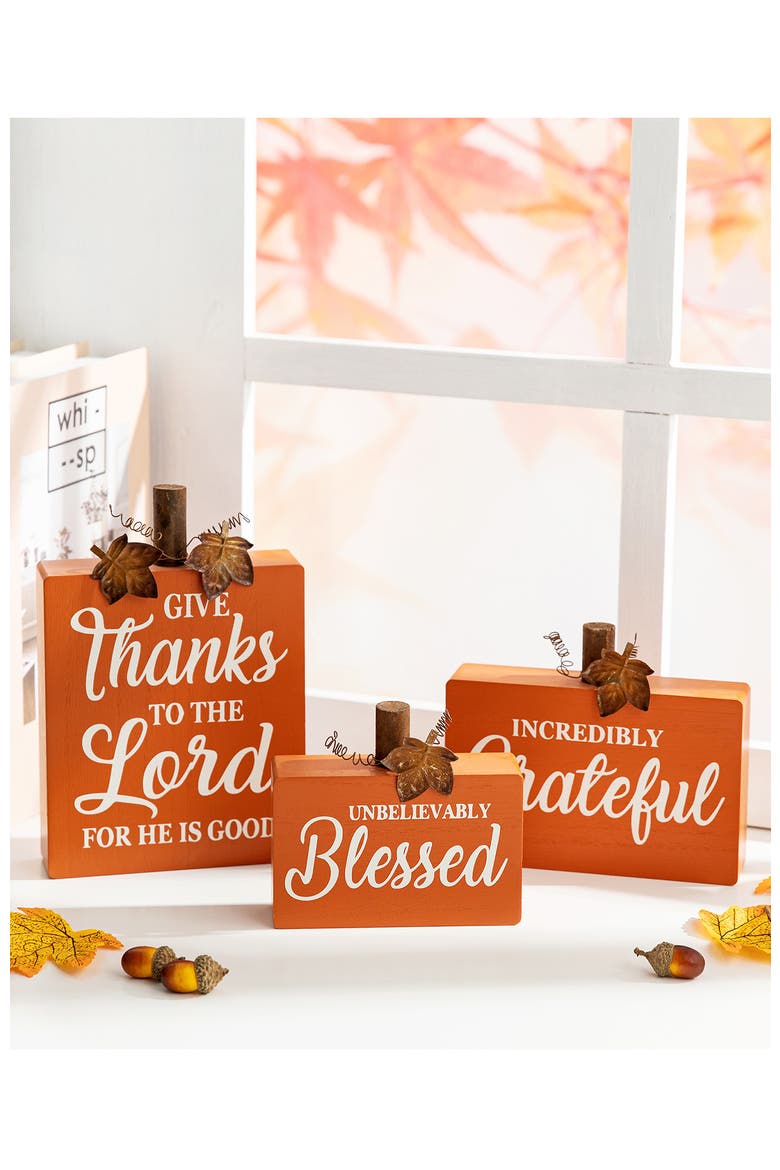 3PK Fall Wooden Pumpkin Table Decors, Alternate, color, Orange