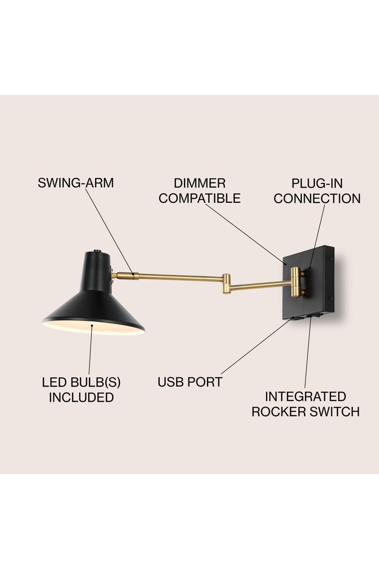 Hygge Swing Arm 1-Light Modern Midcentury Iron USB Charging Port LED Sconce, Alternate, color, Black