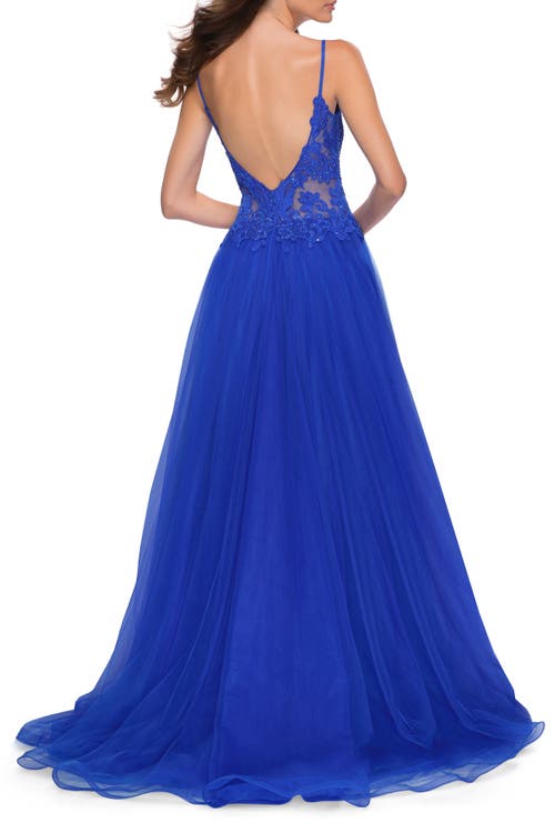 La Femme Tulle A Line Gown With Lace Rhinestone Bodice In Royal Blue