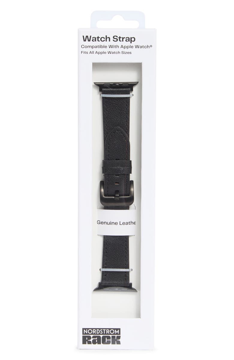 NORDSTROM RACK Wide Leather Apple Watch<sup>®</sup> Watchband, Main, color, Black- Silver