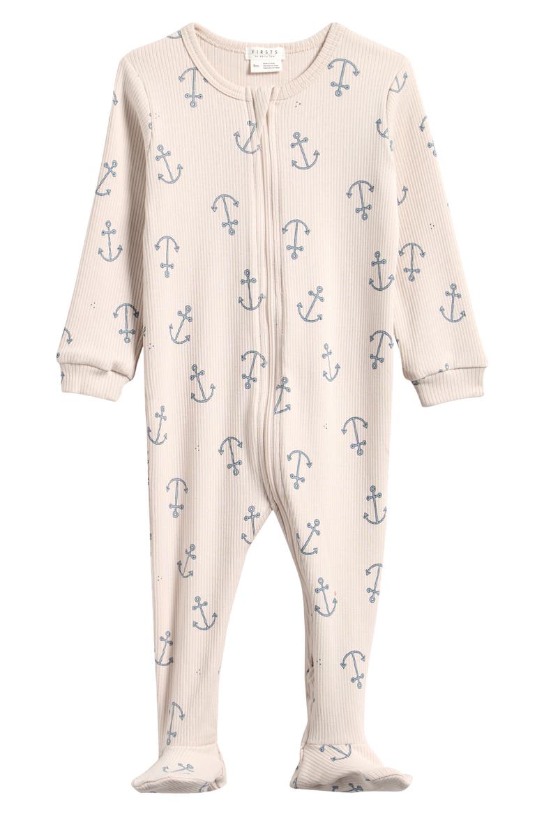 Anchors Rib Stretch Organic Cotton Footie, Main, color, BEIGE