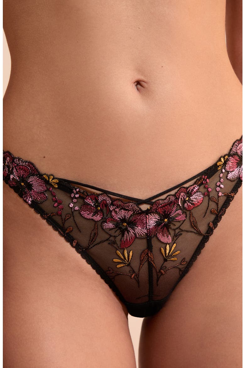 Nova Embroidered Tulle Tanga Panties, Alternate, color, BLACK