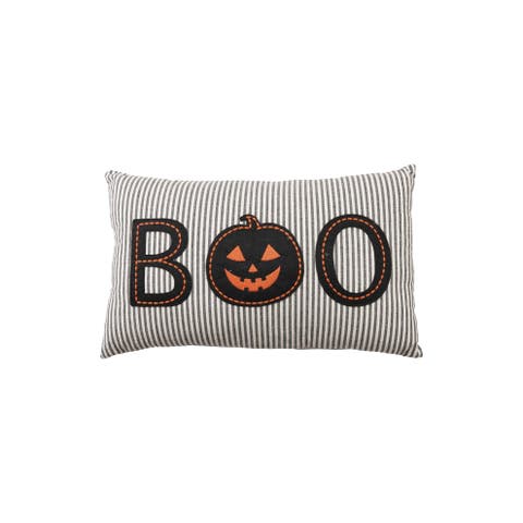 Artisan Cotton Striped Lumbar Pillow with Pumpkin Applique