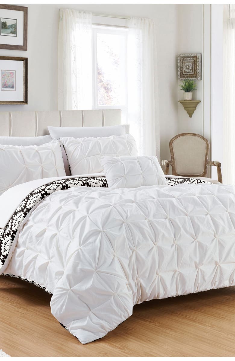 CHIC Queen Aera Pleated Pintuck and Printed Reversible with Elephant Embroidered Pillow Duvet Cover 4-Piece Set - White, Main, color, 