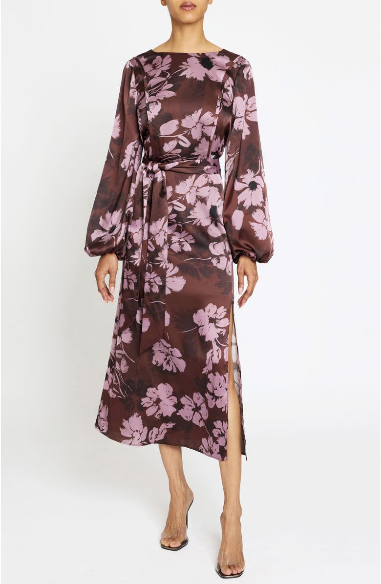 Santorelli Parker Fit and Flare Midi Dress in Floral Twill Crepe, Main, color, Raisin
