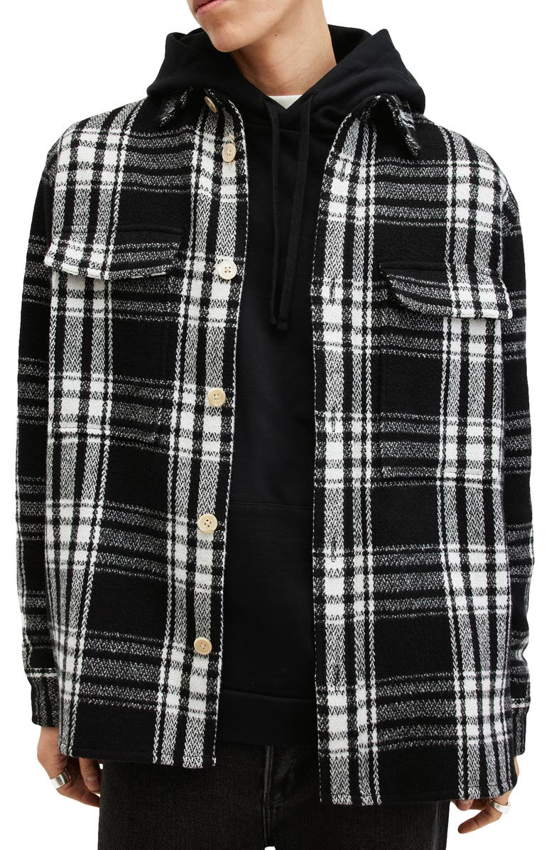 AllSaints Imber Relaxed Fit Check Overshirt, Alternate, color, Black/ Ecru White