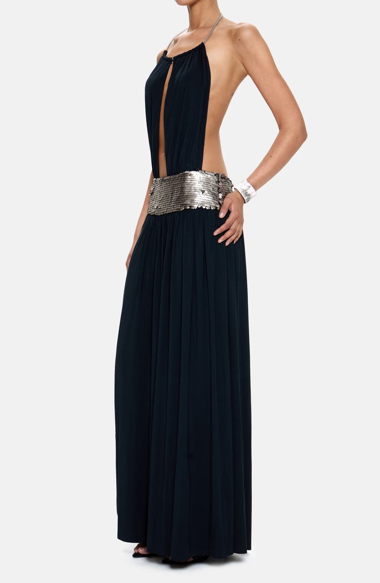 JADED LONDON Sequin Split Front Open Back Maxi Dress, Alternate, color, Black