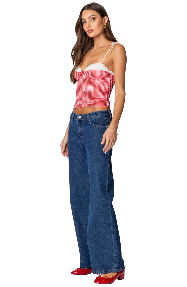 EDIKTED Peekaboo Lacy Gingham Corset Top, Alternate, color, Red