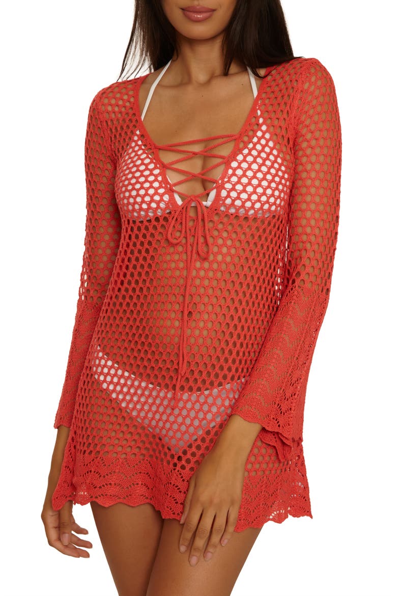 Treasure Island Long Sleeve Reversible Open Knit Cover-Up Tunic, Main, color, CALIENTE