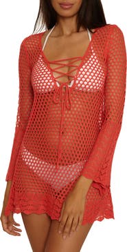Becca Treasure Island Long Sleeve Reversible Open Knit Cover-Up Tunic
