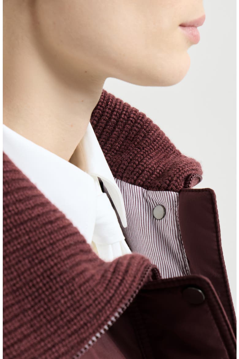 Techno cotton taffeta and virgin wool, cashmere and silk knit down jacket with shiny zipper pull, Alternate, color, Burgundy