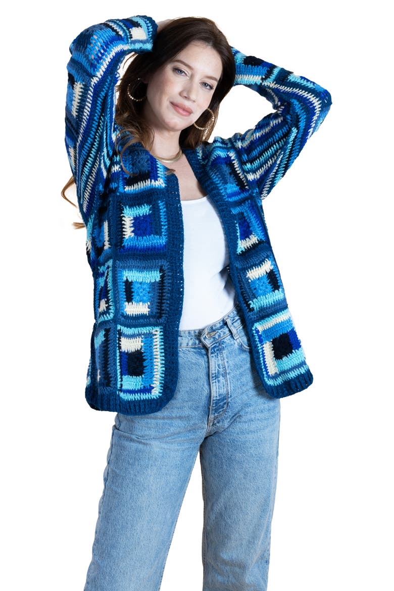 Granny Square Crochet Cardigan, Alternate, color, BLUE