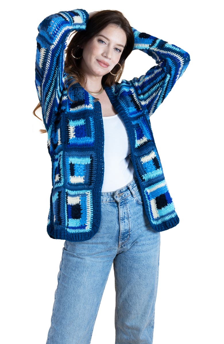 SAACHI Granny Square Crochet Cardigan, Alternate, color, Blue