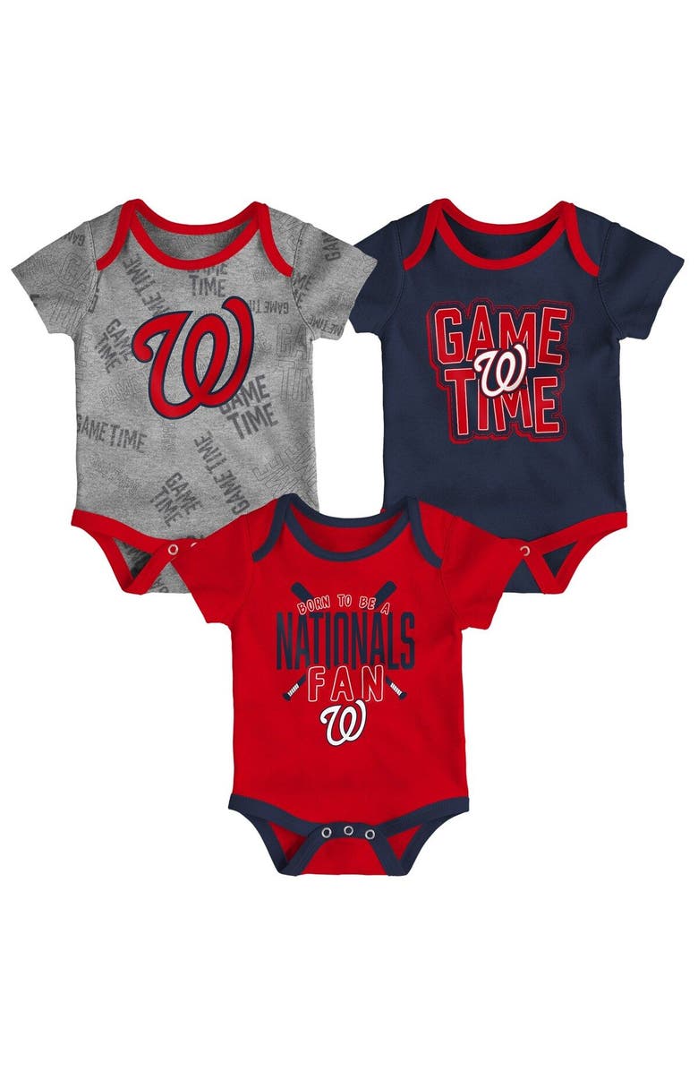 Outerstuff Newborn & Infant Washington Nationals Red/Navy/Heathered Gray Game Time Three-Piece Bodysuit Set, Main, color, Red