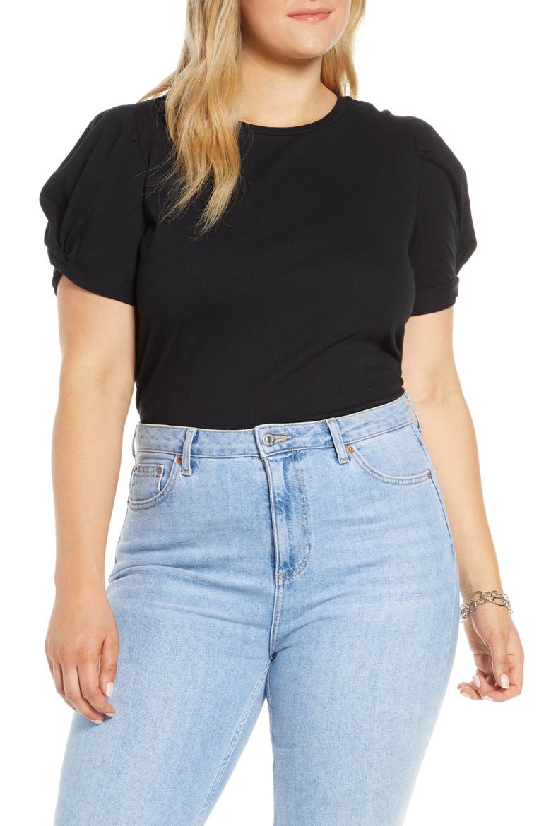 Twisted Puff Sleeve Tee, Alternate, color, BLACK