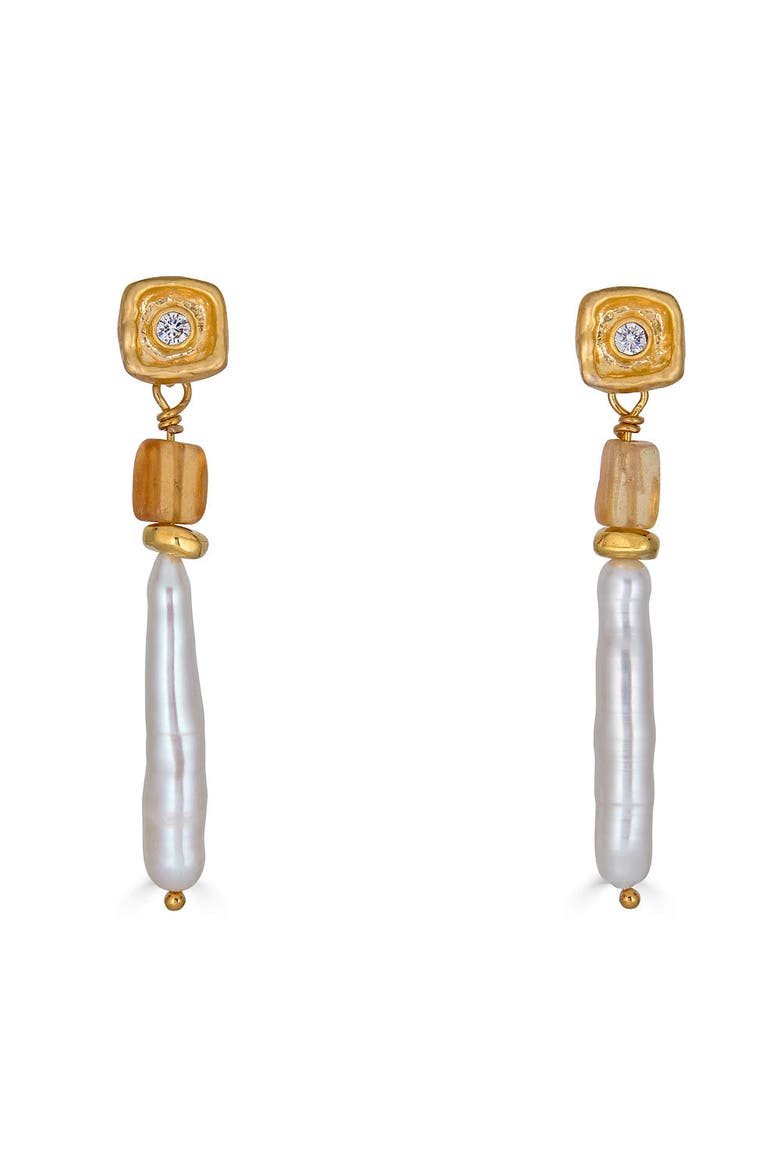 Biwa Pearl & Garnet Earring, Main, color, Gold