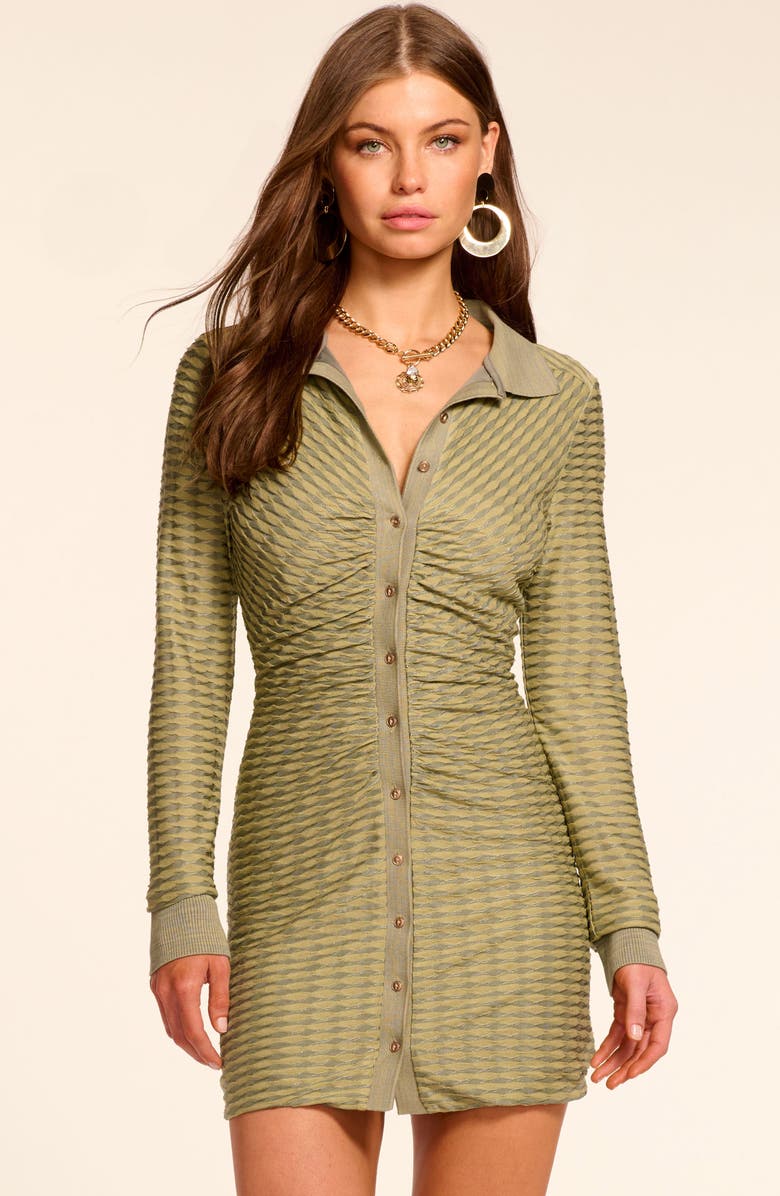 Ramy Brook Ivette Metallic Stripe Long Sleeve Mini Shirtdress, Alternate, color, Olive Green Scallop