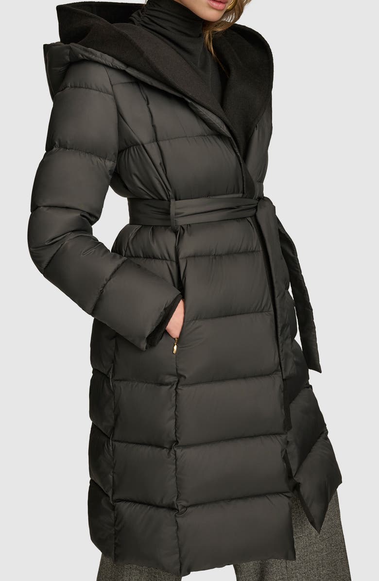 Donna Karan New York Water Resistant Mixed Media Hooded Puffer Coat, Alternate, color, Black
