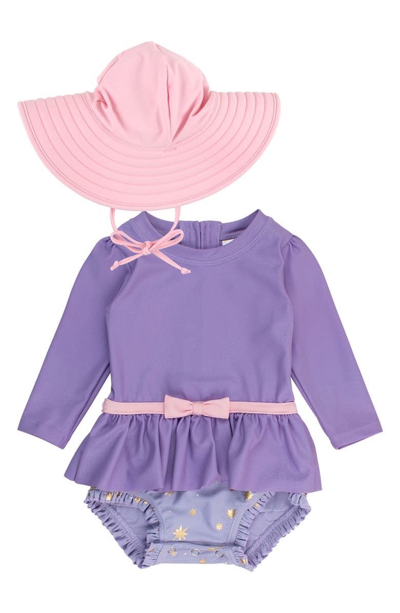 RuffleButts Princess One-Piece Rashguard Swimsuit & Sun Hat Set, Main, color, 