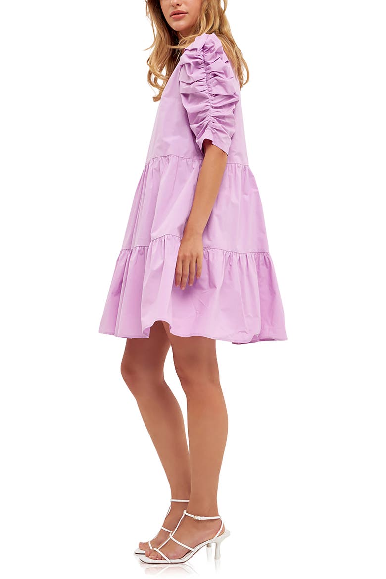 Pleated Puff Sleeve Tiered Cotton Minidress, Alternate, color, LILAC