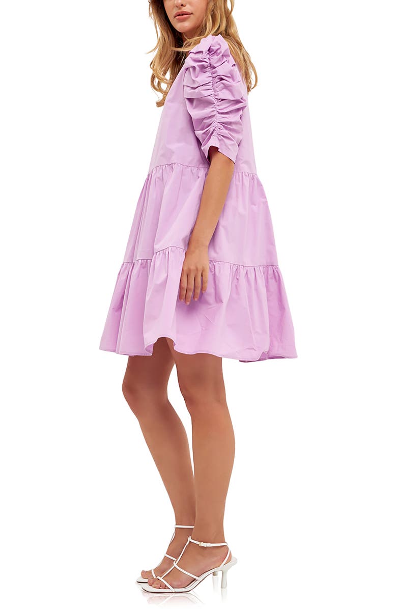 English Factory Pleated Puff Sleeve Tiered Cotton Minidress, Alternate, color, Lilac