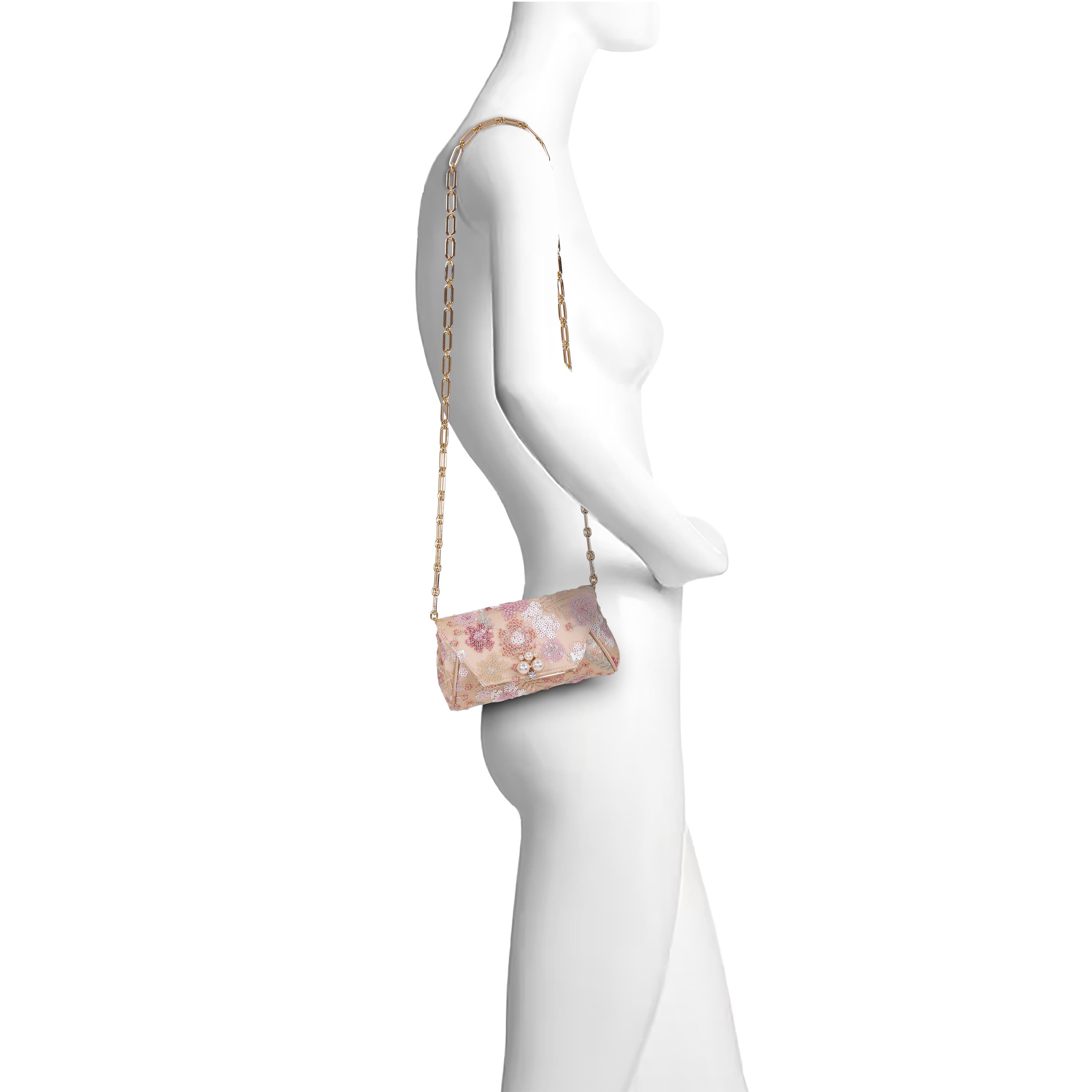 Ophelia Floral Sequin with Pearl Brooch Clutch, Alternate, color, Champagne