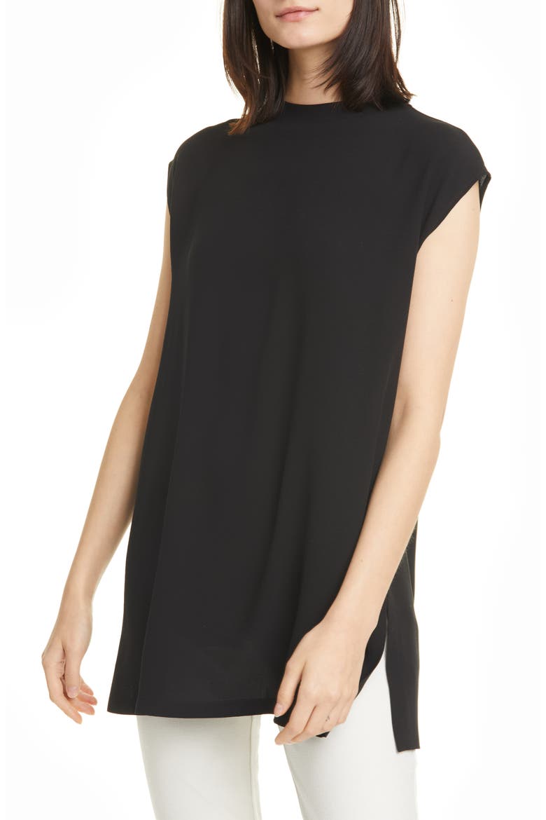Funnel Neck Silk Box Top Tunic, Main, color, BLACK