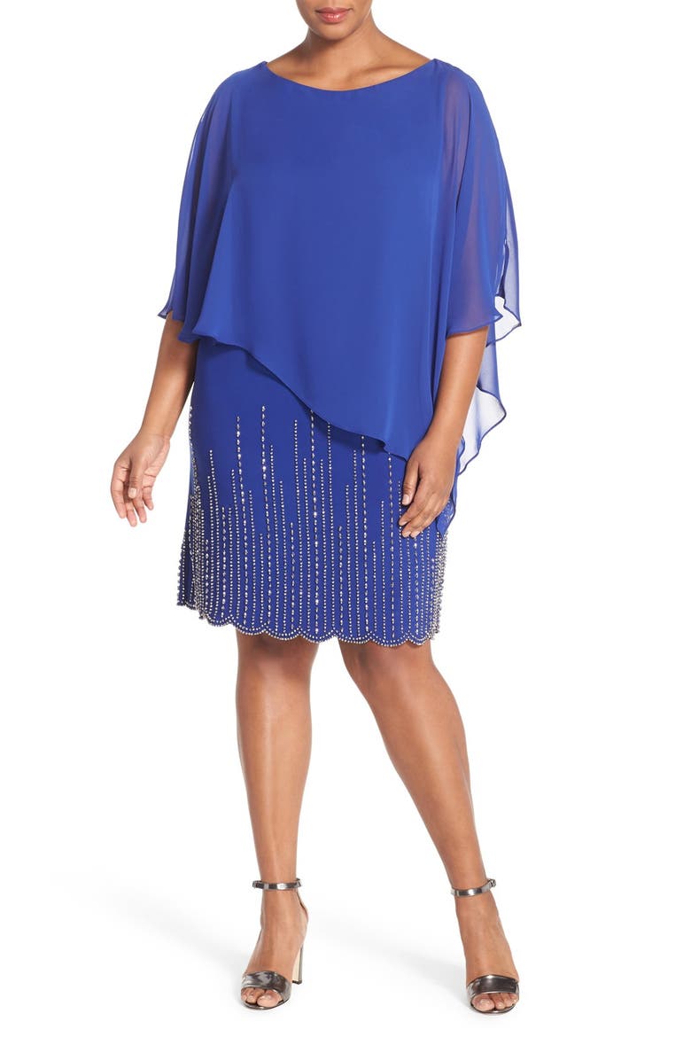 Xscape Chiffon Overlay Beaded Jersey Dress, Alternate, color, ROYAL/ LIGHT GUNMETAL