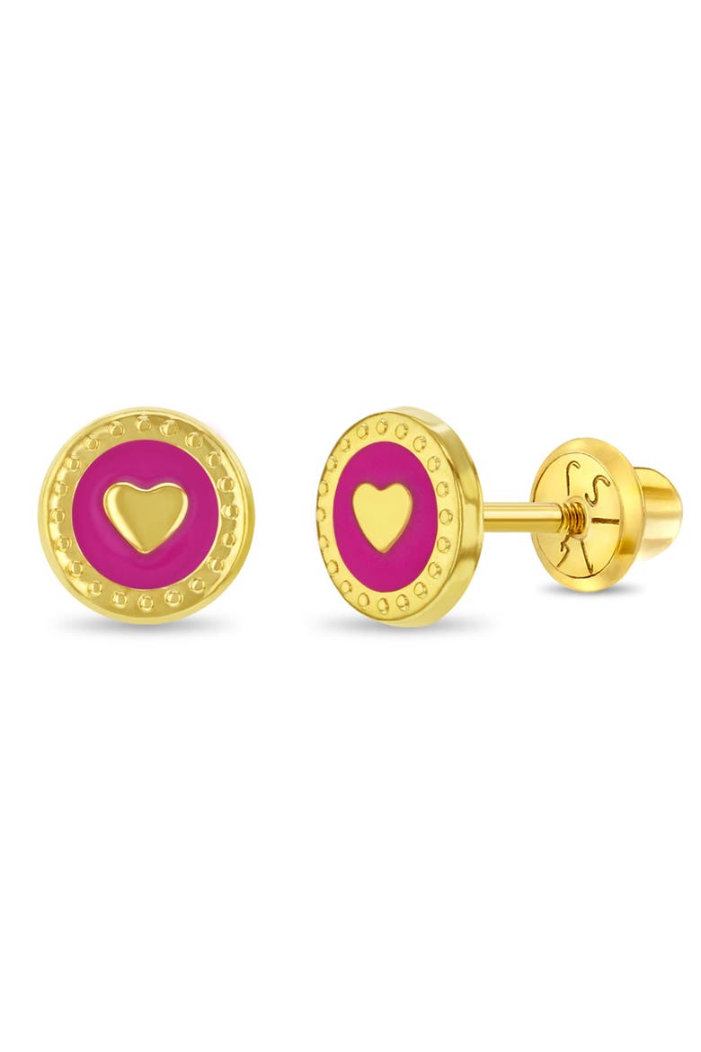 14k Round Pink Heart Earrings, Main, color, Pink