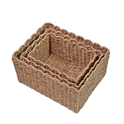 Happimess Arden Coastal Cottage Seagrass Scalloped Rectangular Organizing Storage Baskets (set Of 3) In Natural