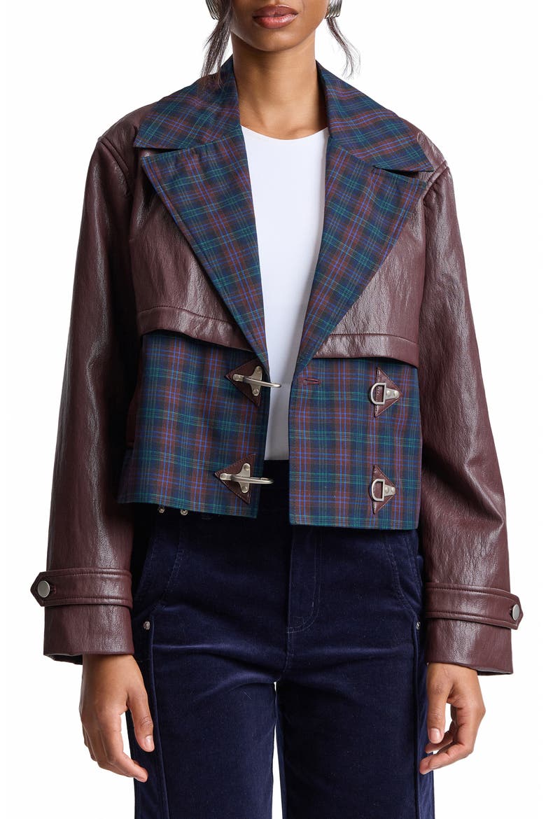 Colorblock Faux Leather Cropped Jacket, Main, color, BLUE PLAID- BURGUNDY